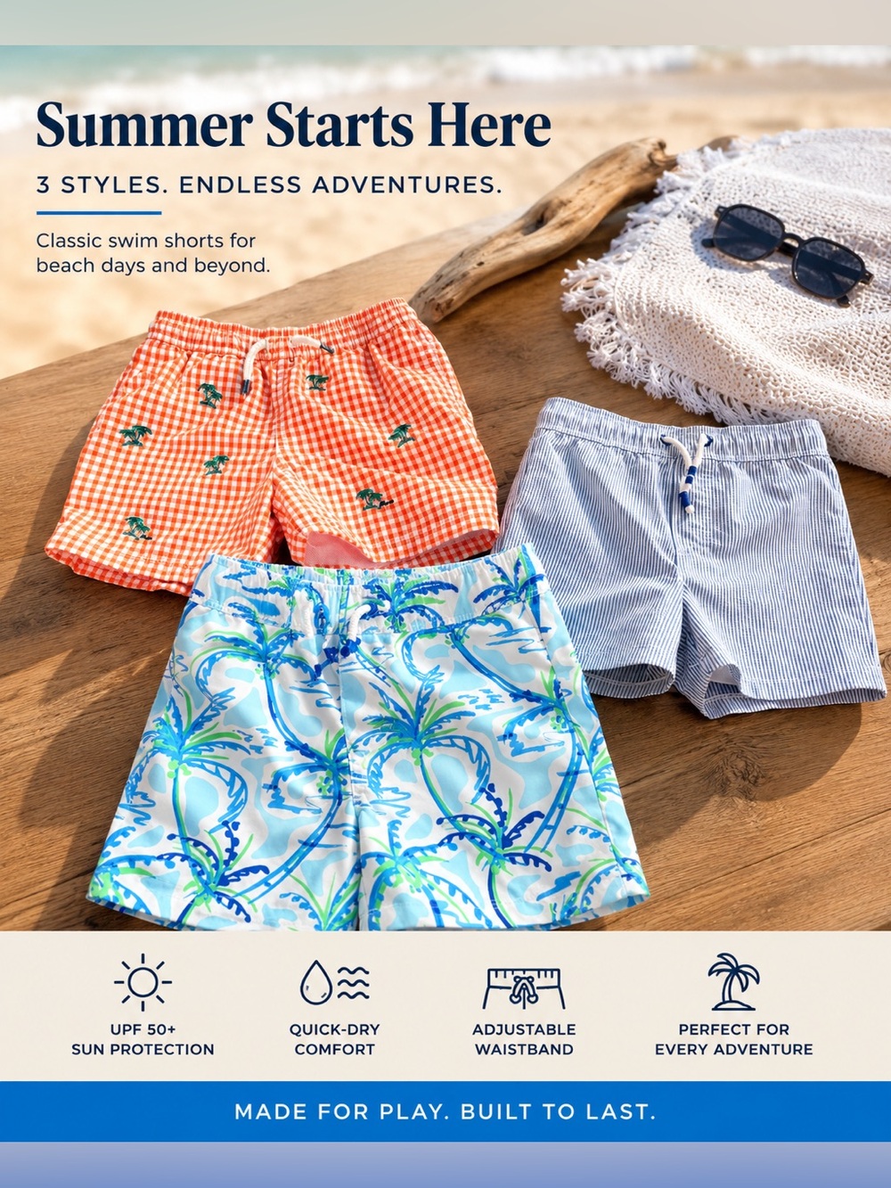 Boys Tropical & Gingham Swim Trunks Bundle | UPF 50+ Beach Shorts